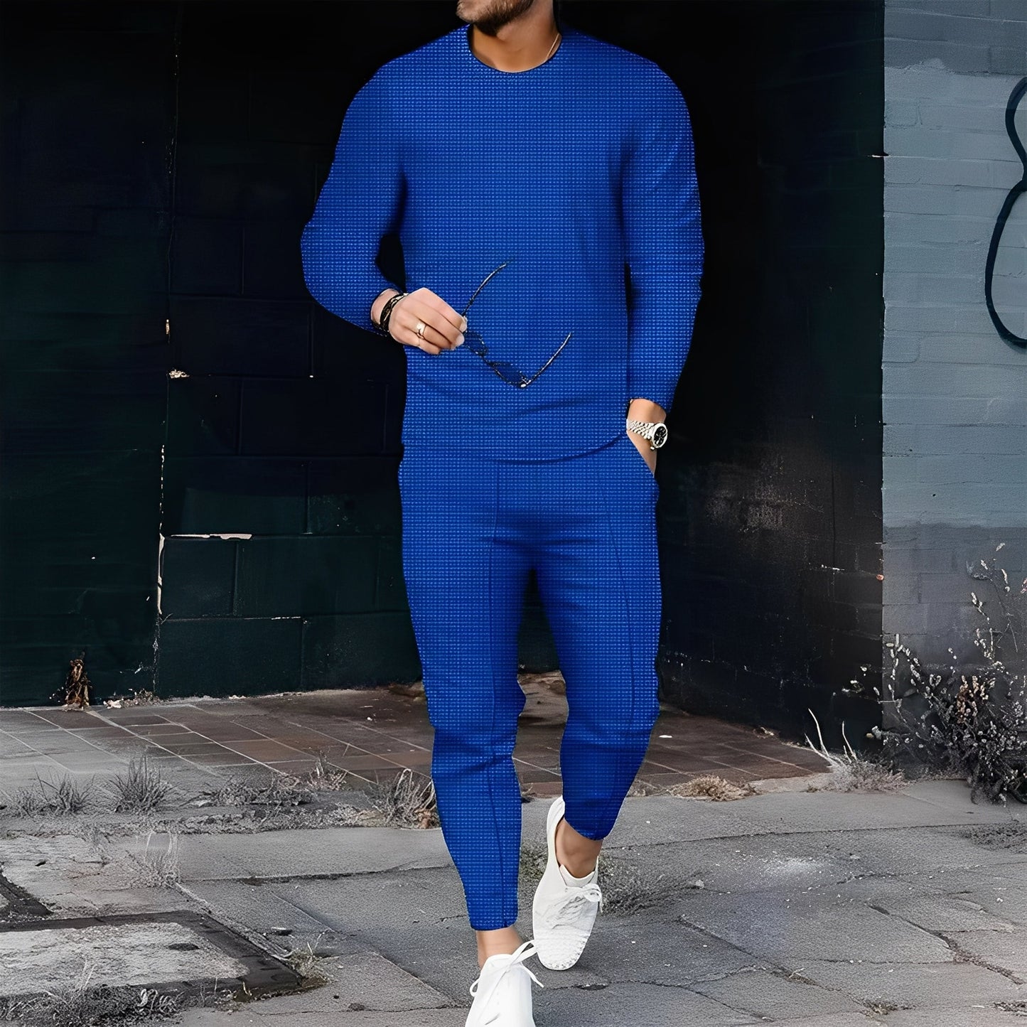 Dillan - Męski swobodny zestaw Slim-Fit z tkaniny waflowej