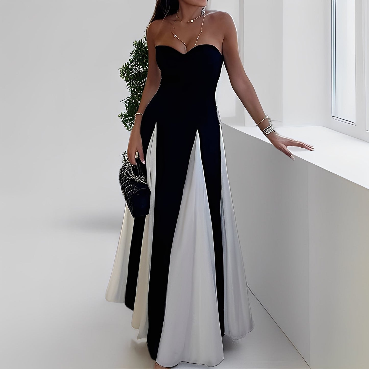 Charisse - Elegancka sukienka z kontrastowym dużym obramowaniem dla pań
