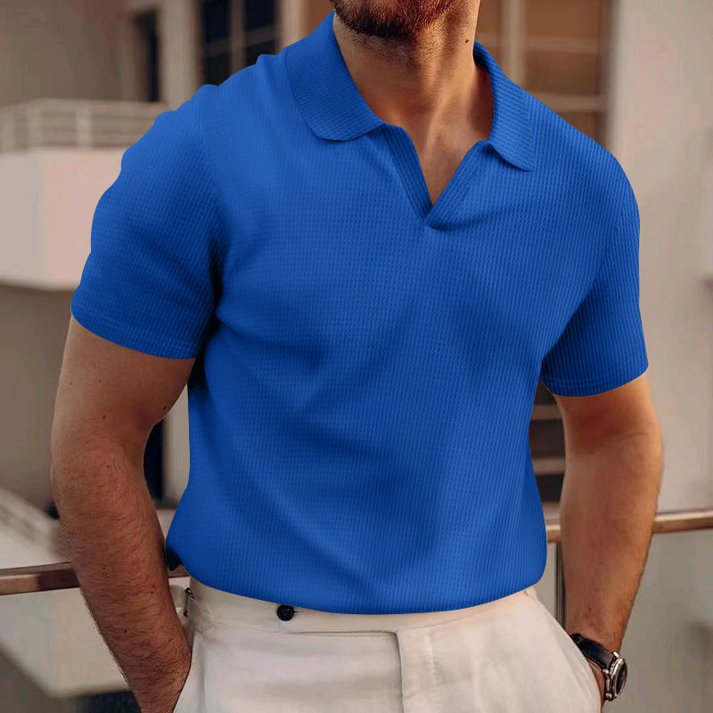 David - Prosty męski t-shirt polo z waflowej tkaniny
