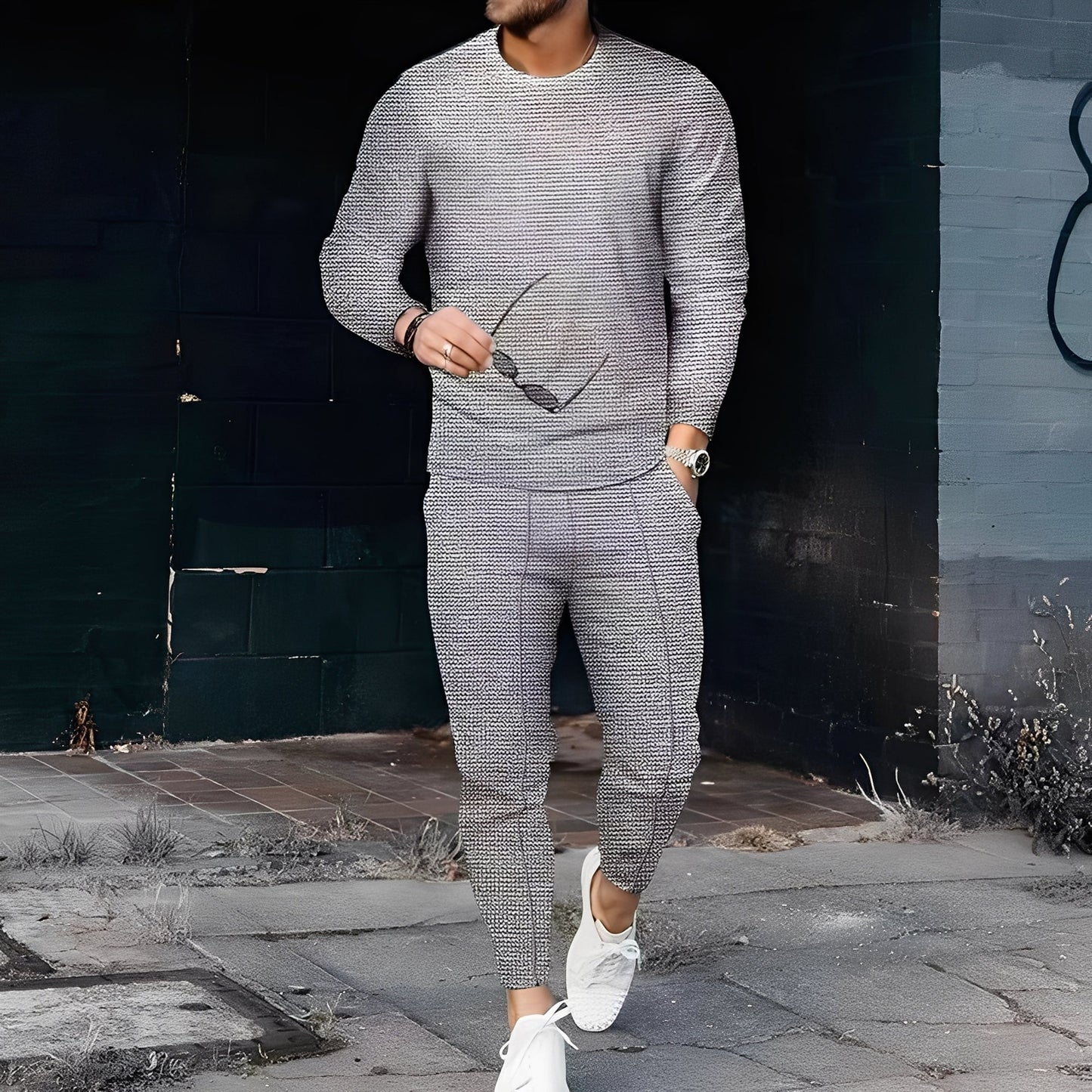Dillan - Męski swobodny zestaw Slim-Fit z tkaniny waflowej