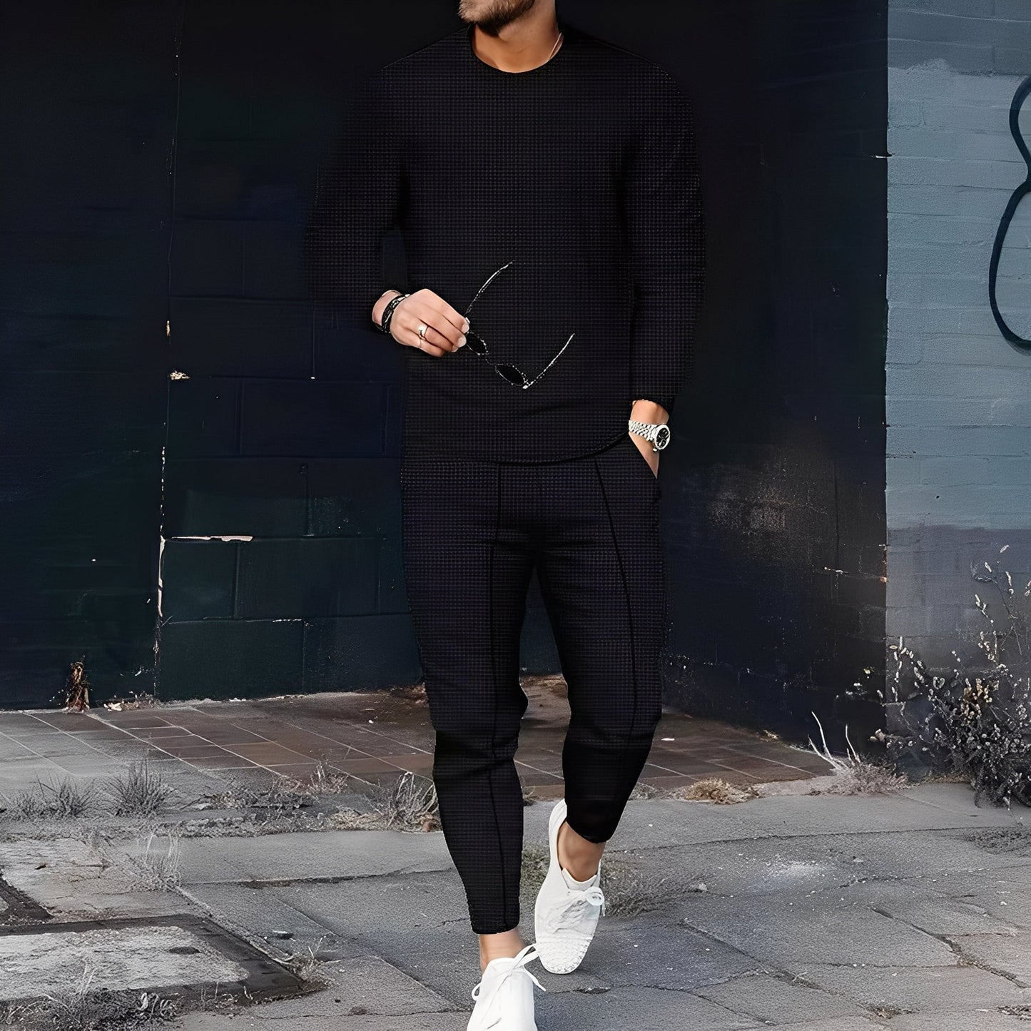 Dillan - Męski swobodny zestaw Slim-Fit z tkaniny waflowej