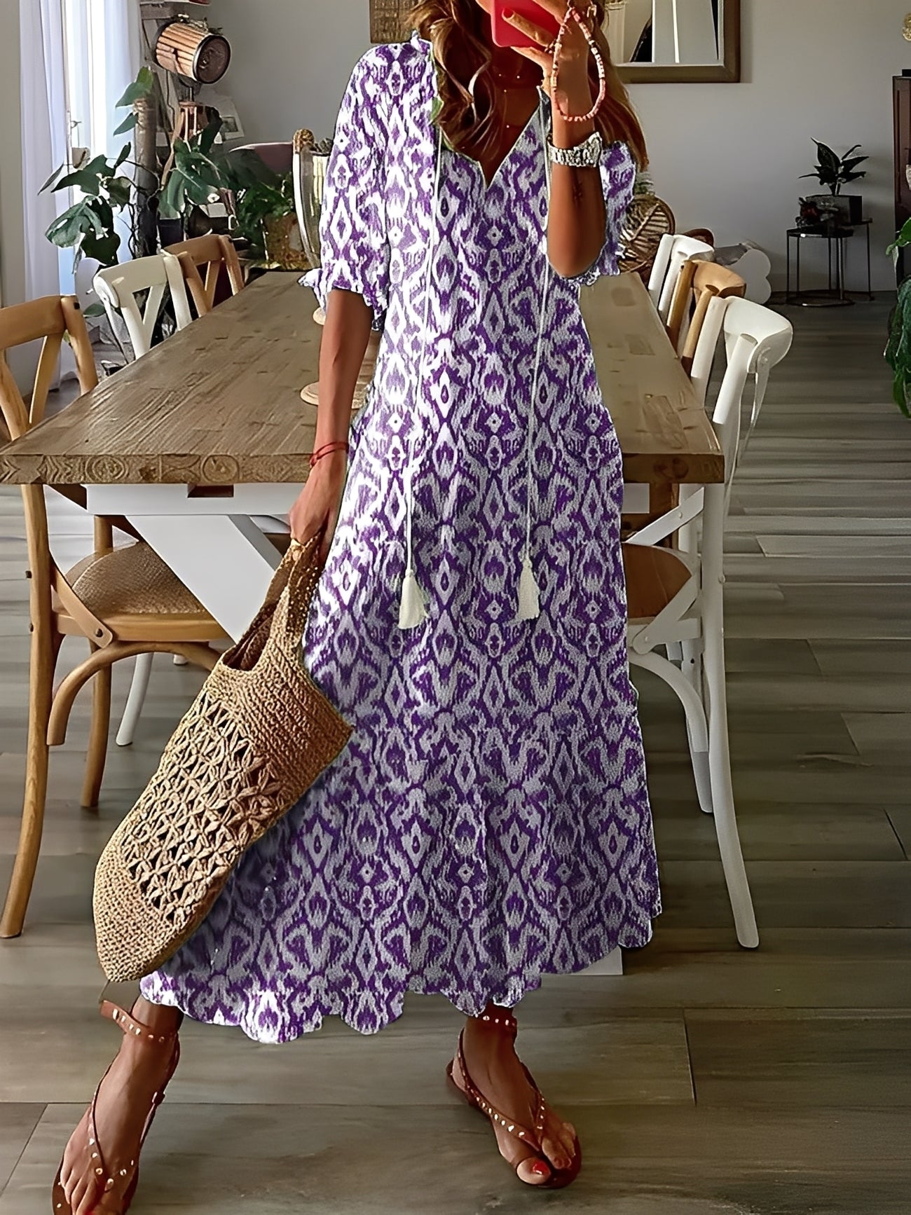 Domitille - Elegancka sukienka z dekoltem V, luźna dla kobiet