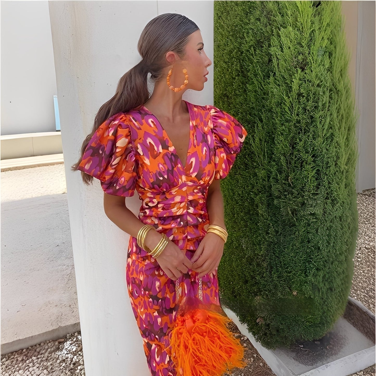 Gaëlle - Sukienka w kolorowe wzory z marszczonymi rękawami dla kobiet