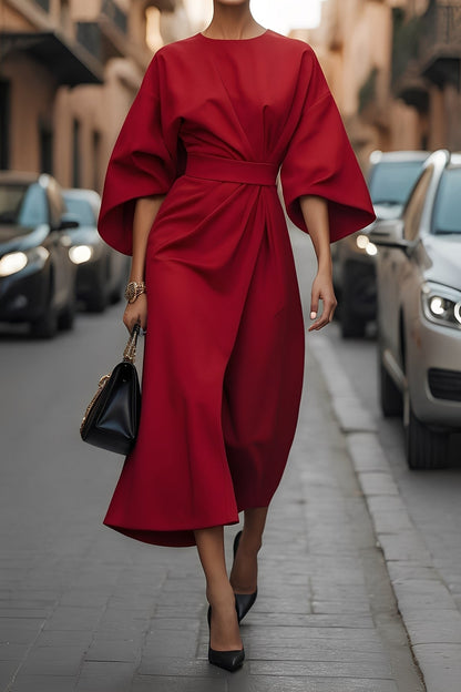 Élise - Elegancka sukienka z rękawami latarnianymi i paskiem dla kobiet