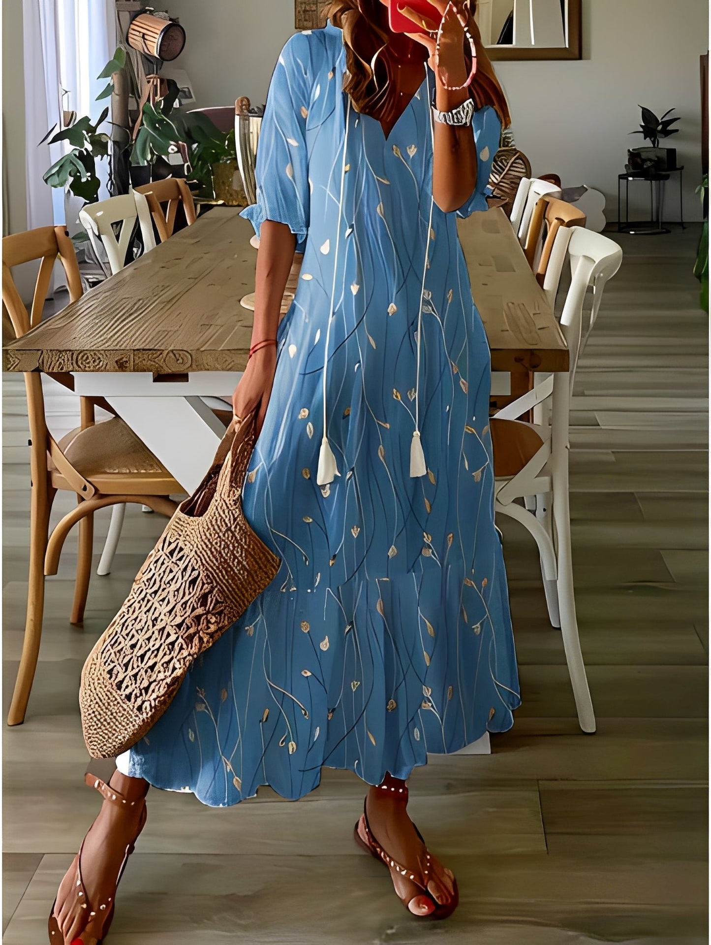 Domitille - Elegancka sukienka z dekoltem V, luźna dla kobiet