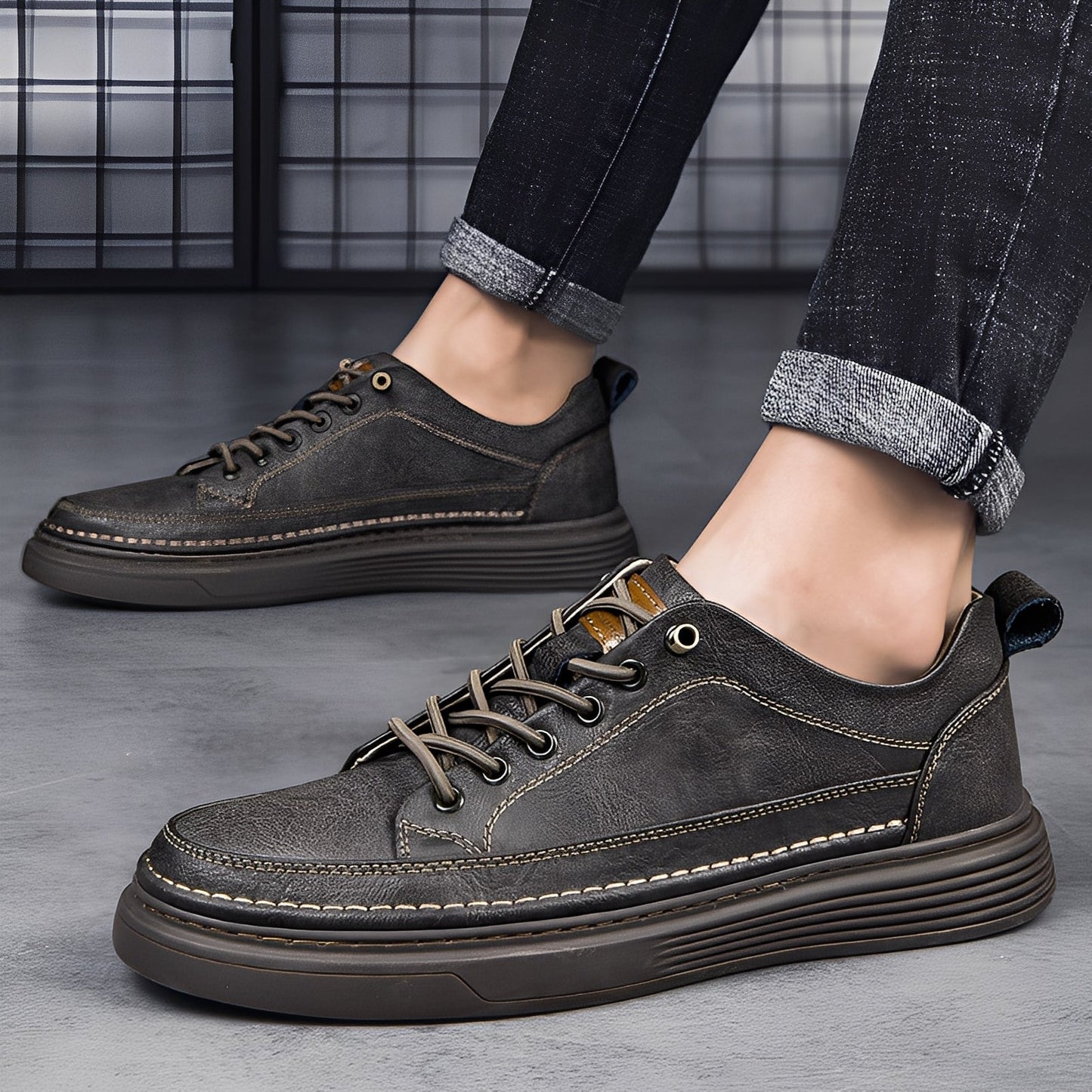 Damion - Męskie klasyczne skórzane sneakersy