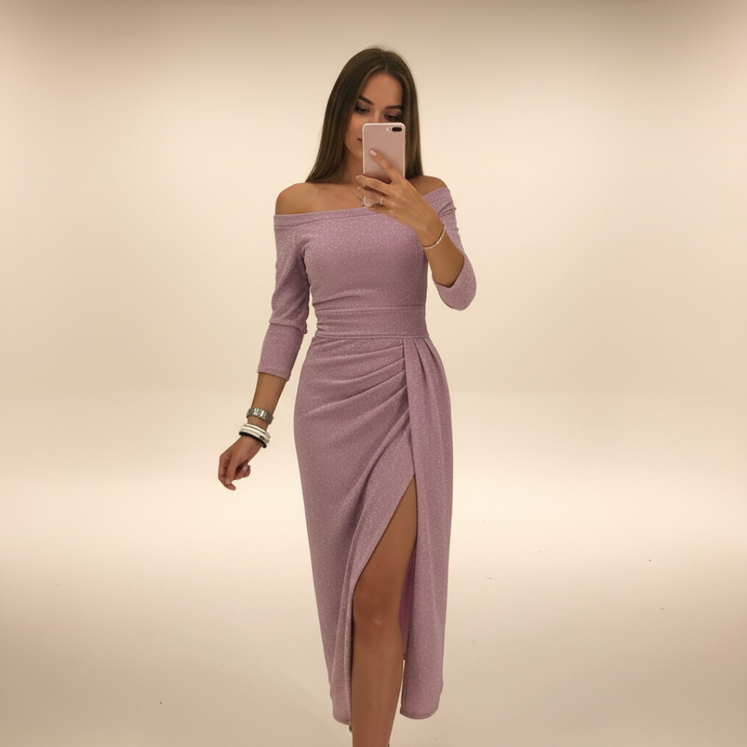 Christy - Elegancka sukienka midi z odkrytymi ramionami