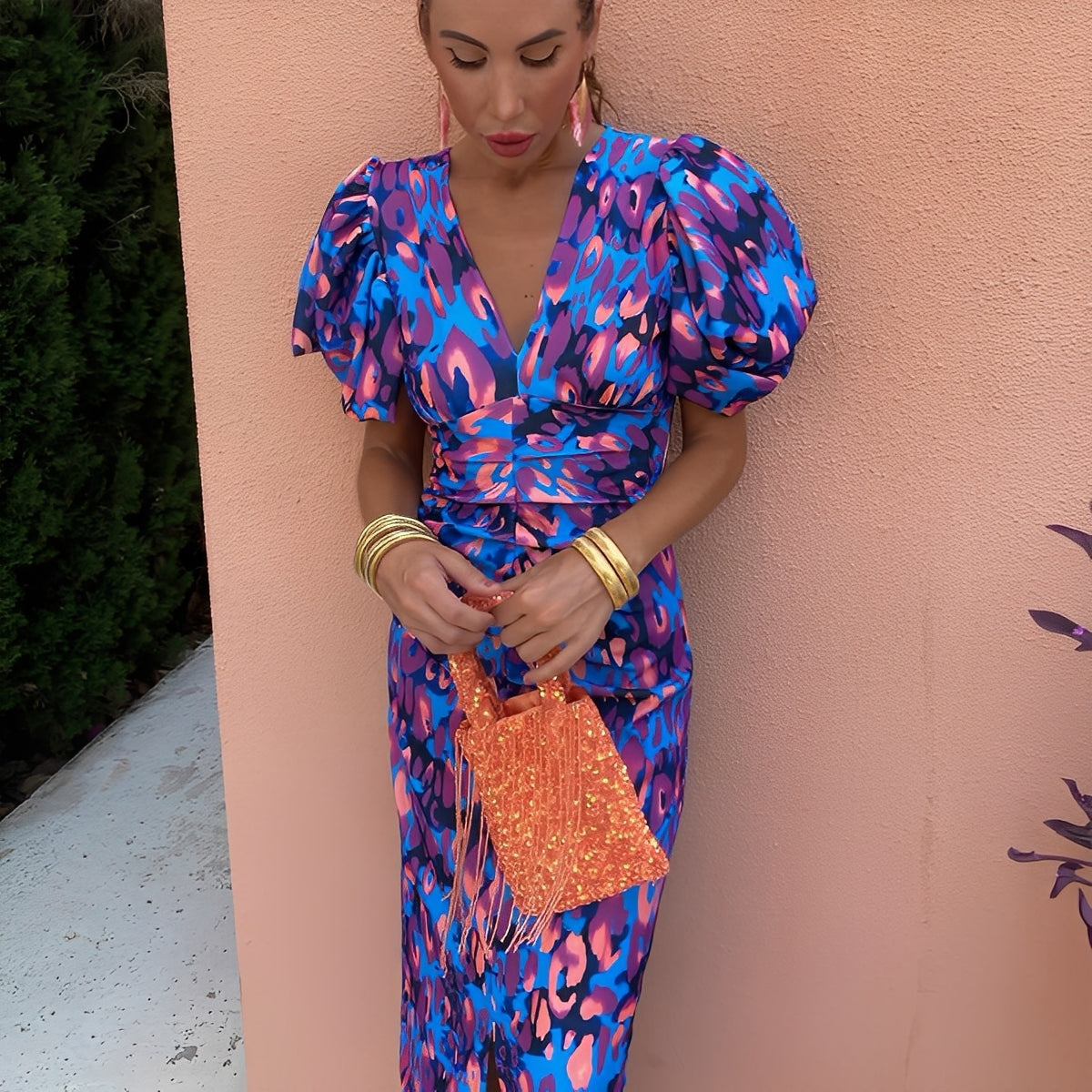 Gaëlle - Sukienka w kolorowe wzory z marszczonymi rękawami dla kobiet