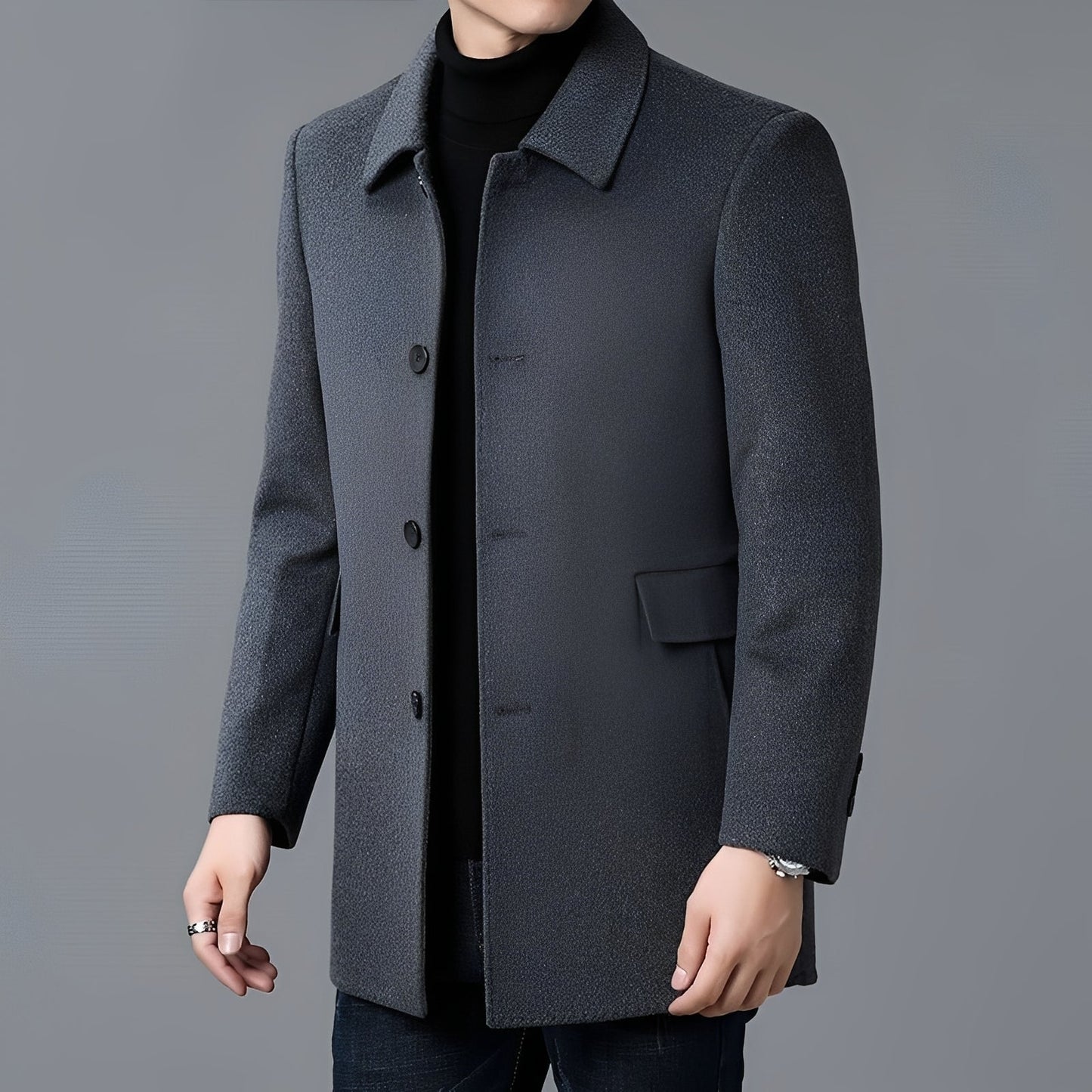 Jerry - Męski, stylowy wełniany płaszcz jednorzędowy