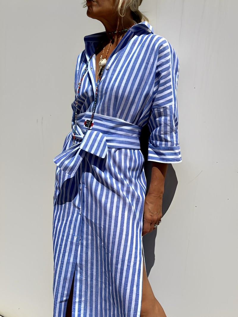 Christel - Kobieca długa sukienka polo w paski