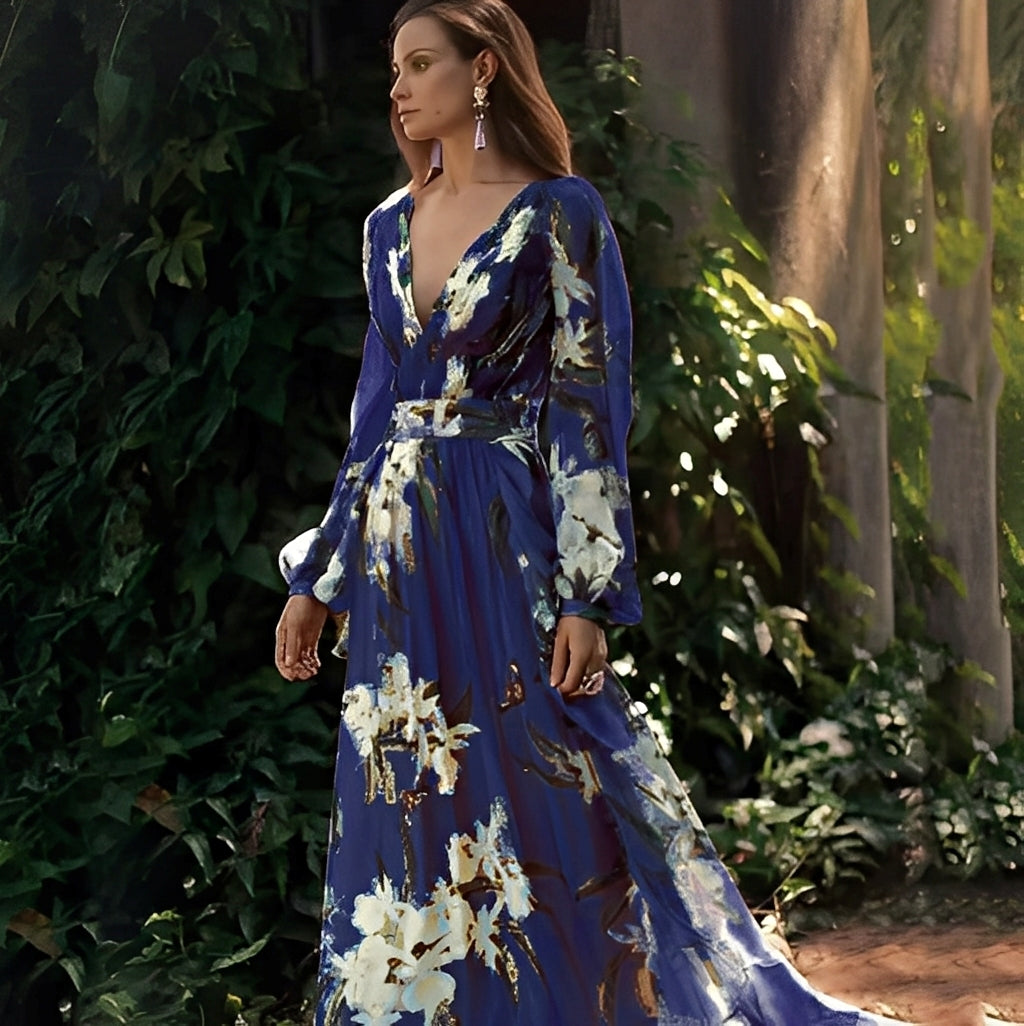 Karine - Langes elegantes Kleid mit V-Ausschnitt für Damen