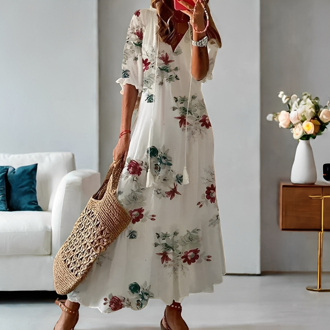 Alica - Luźna codzienna sukienka z dekoltem V dla kobiet