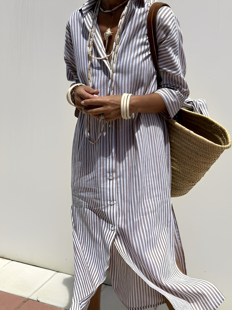 Christel - Kobieca długa sukienka polo w paski
