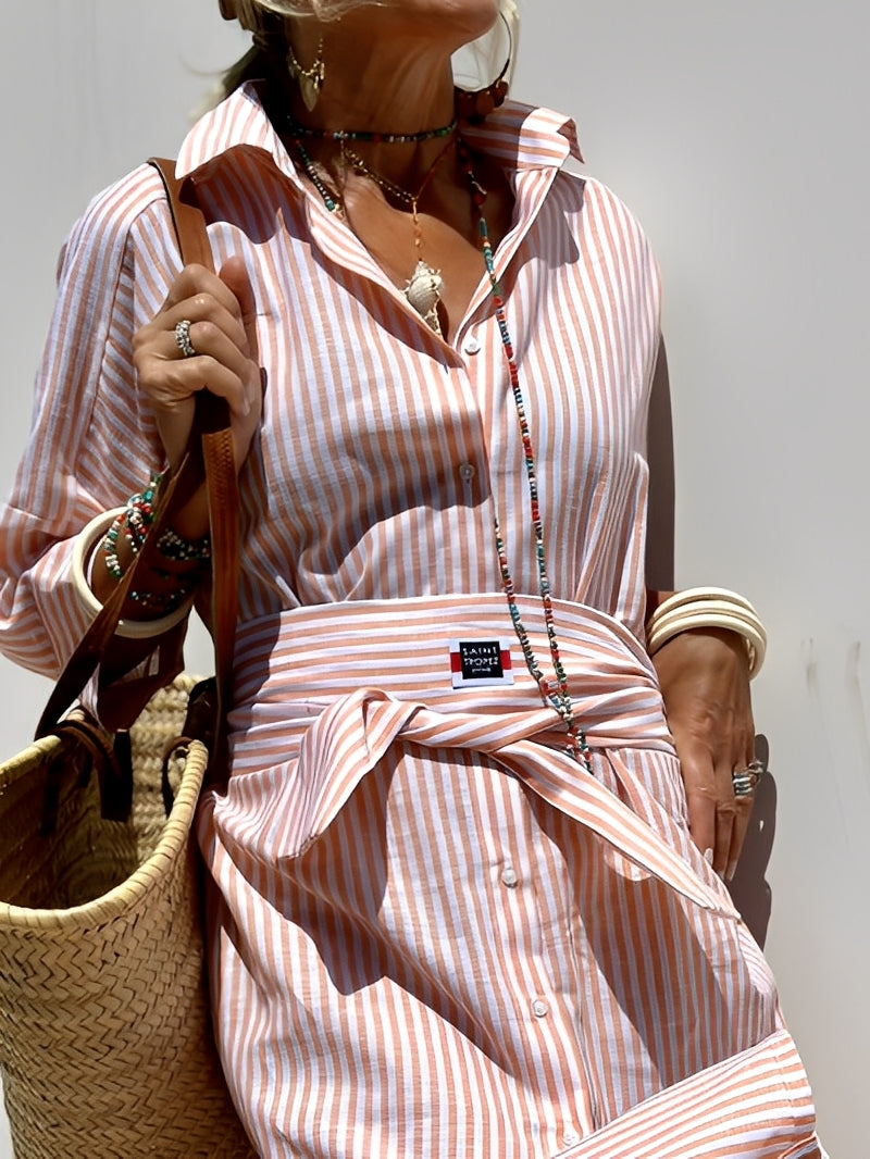 Christel - Kobieca długa sukienka polo w paski