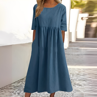 Sylvette - Bawełniana sukienka damska z okrągłym dekoltem