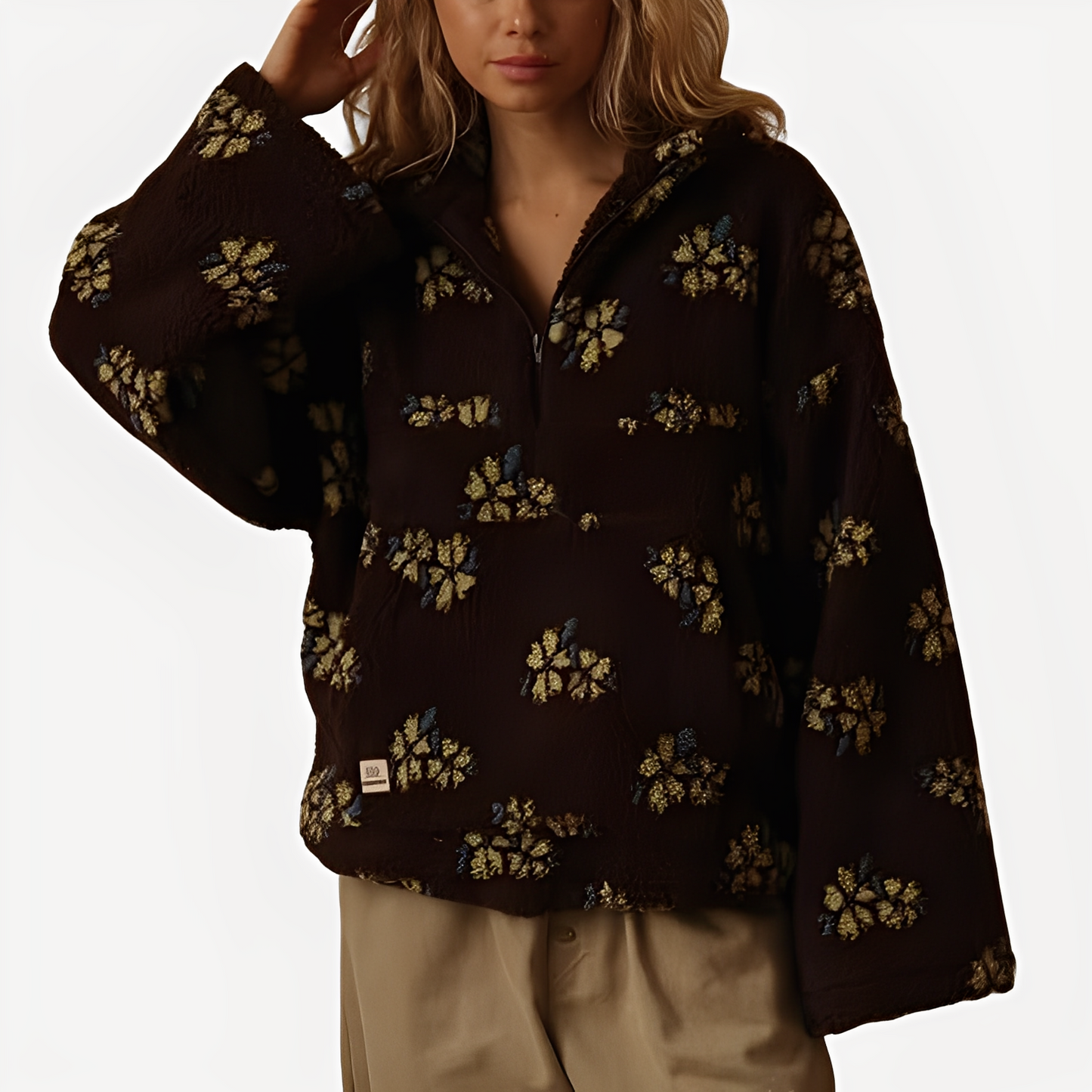 Elizabeth - Modny Pulower Sherpa z Kwiatowymi Motywami dla Kobiet