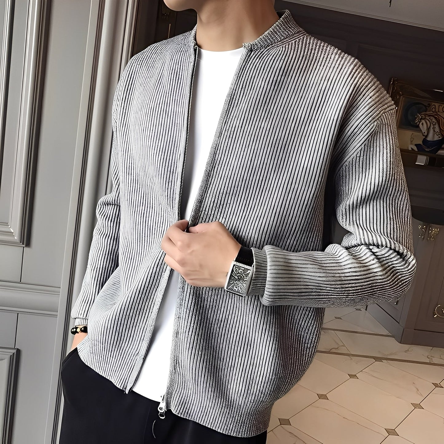 Damon - Męski sweter vintage z dzianiny z zamkiem