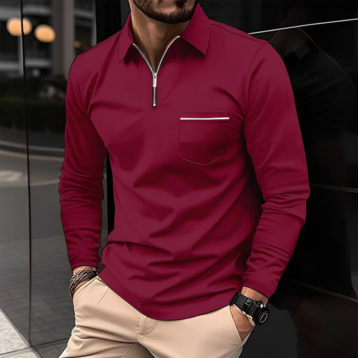 Florent - Męska koszulka polo z długim rękawem i zamkiem
