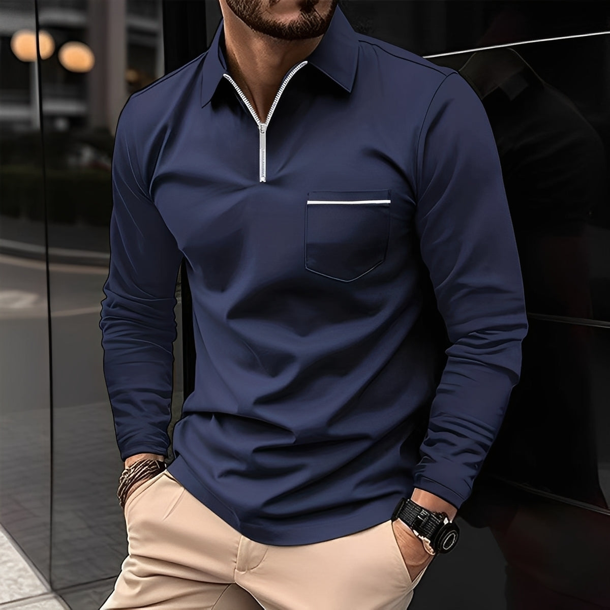 Florent - Męska koszulka polo z długim rękawem i zamkiem