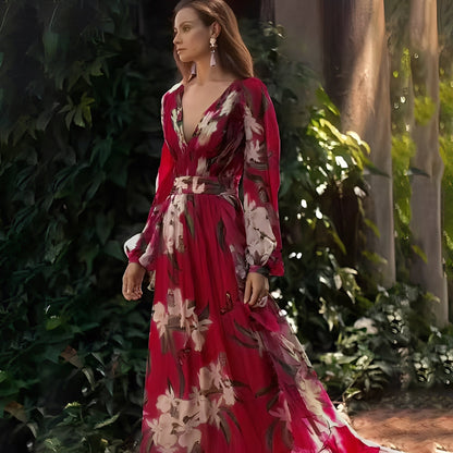 Karine - Langes elegantes Kleid mit V-Ausschnitt für Damen