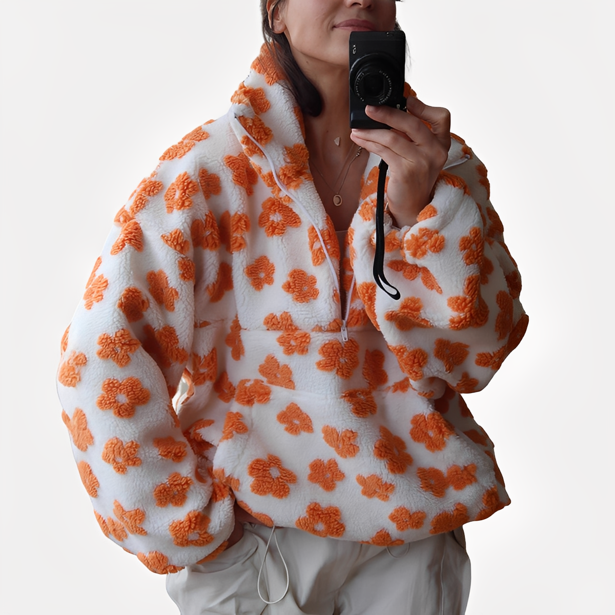 Elizabeth - Modny Pulower Sherpa z Kwiatowymi Motywami dla Kobiet