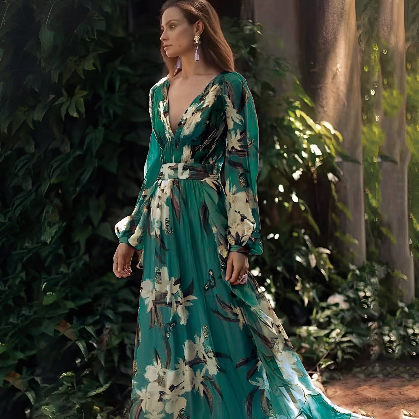 Karine - Langes elegantes Kleid mit V-Ausschnitt für Damen