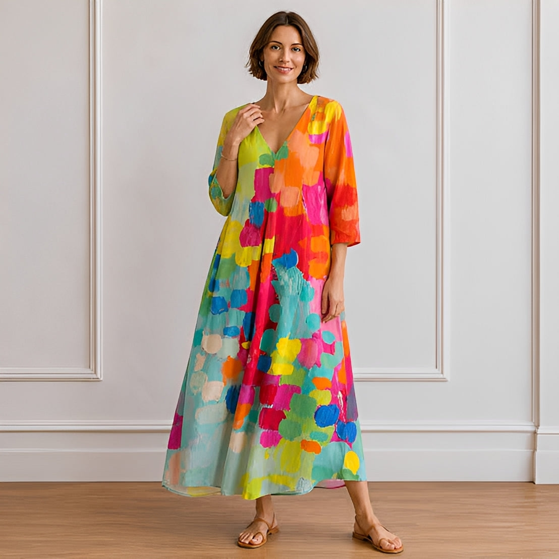Alina - Oversize'owa sukienka midi z dekoltem w serek