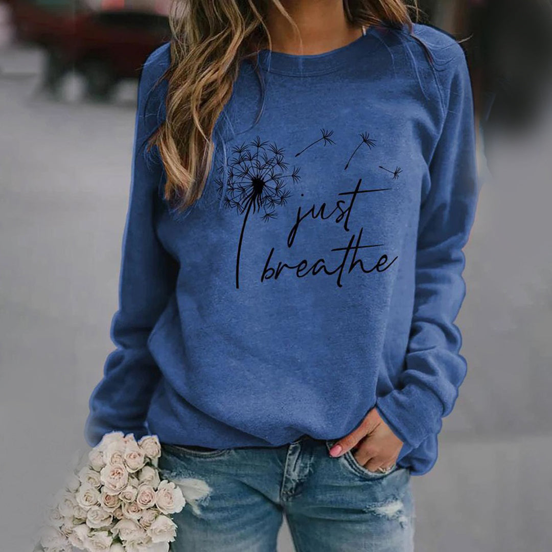 Bluza damska z motywem 'Just Breathe' - luźny krój, długie rękawy, okrągły dekolt