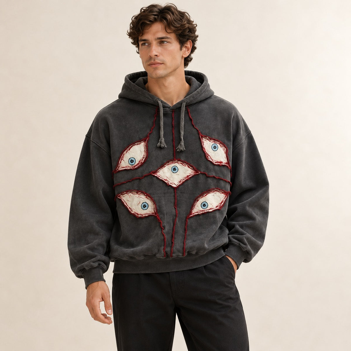 Bluza z kapturem mężczyźni, crop oversize z patchworkiem oczu i kapturem z regulowanym sznurkiem