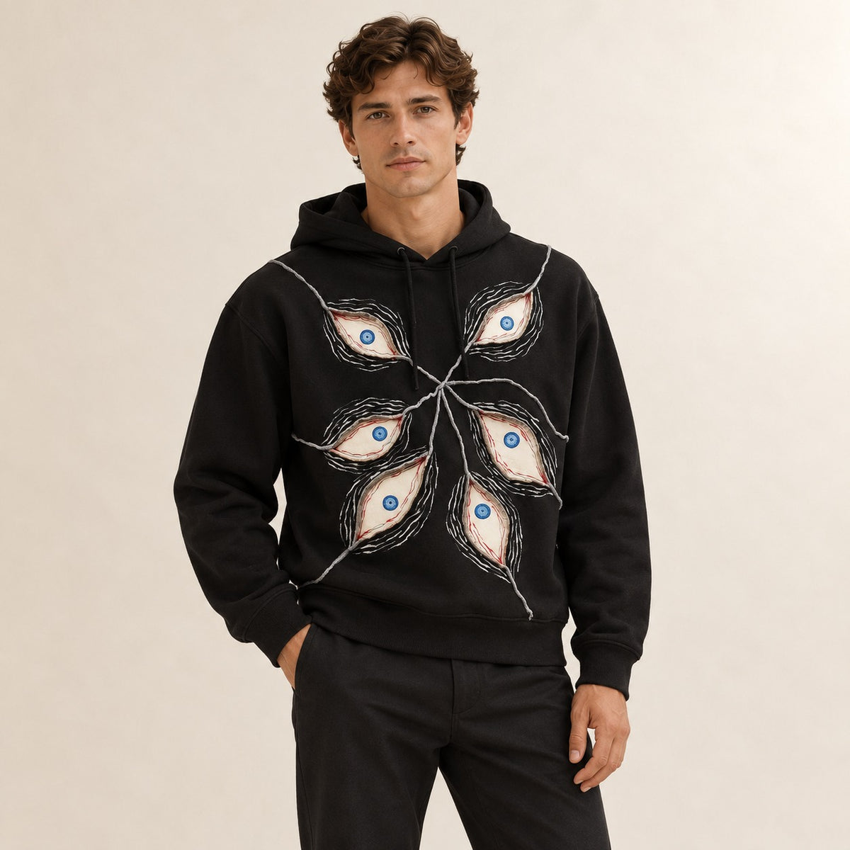 Bluza z kapturem mężczyźni, crop oversize z patchworkiem oczu i kapturem z regulowanym sznurkiem
