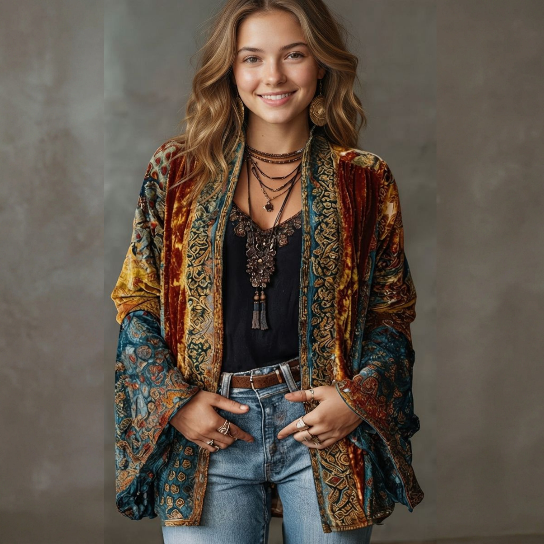 Cardigan dla kobiet Kimono - luźny krój, otwarte rękawy koturnowe, haftowane motywy boho