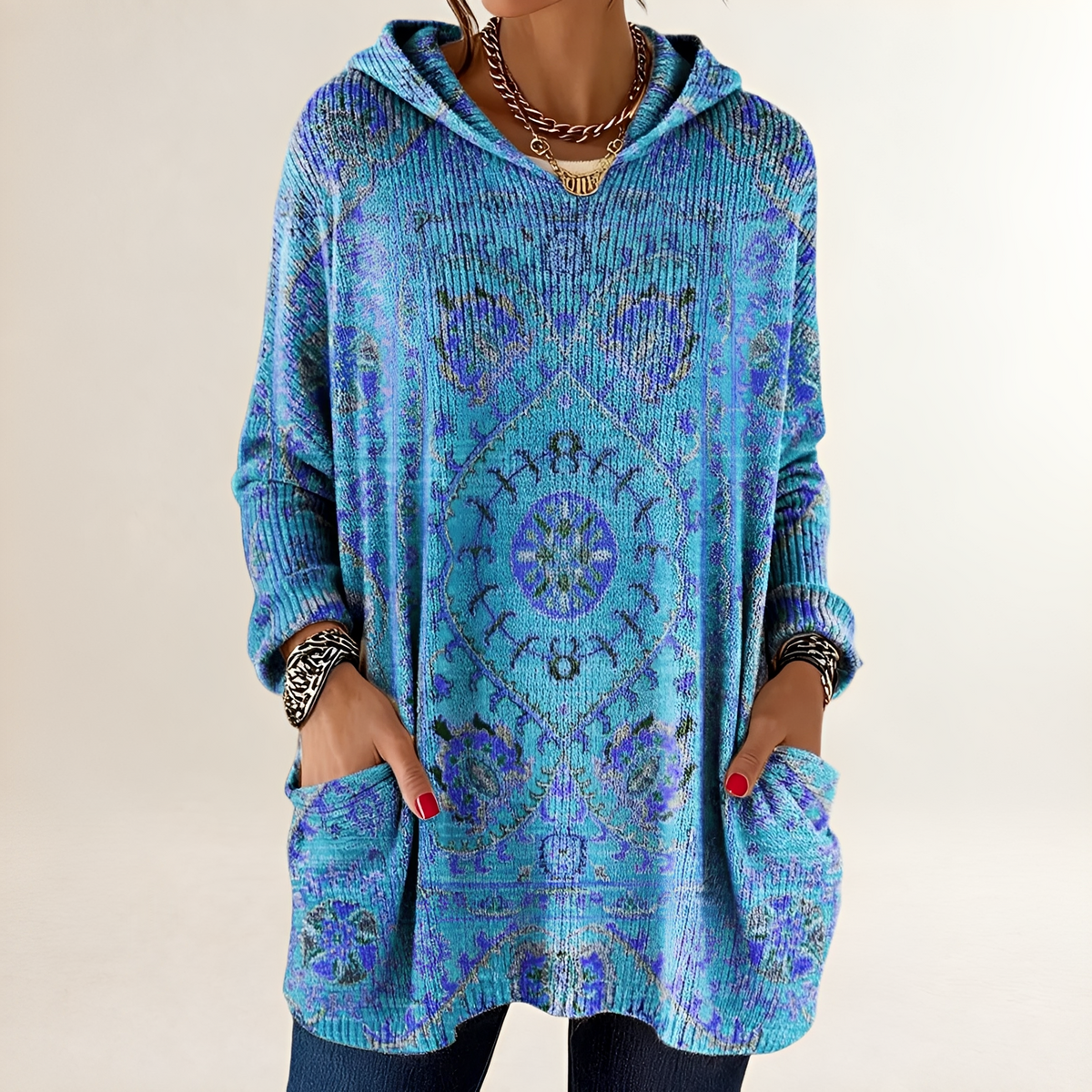 Damska bluza hoodie tunikowa z kieszeniami i nadrukiem etnicznym