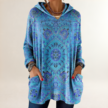 Damska bluza hoodie tunikowa z kieszeniami i nadrukiem etnicznym