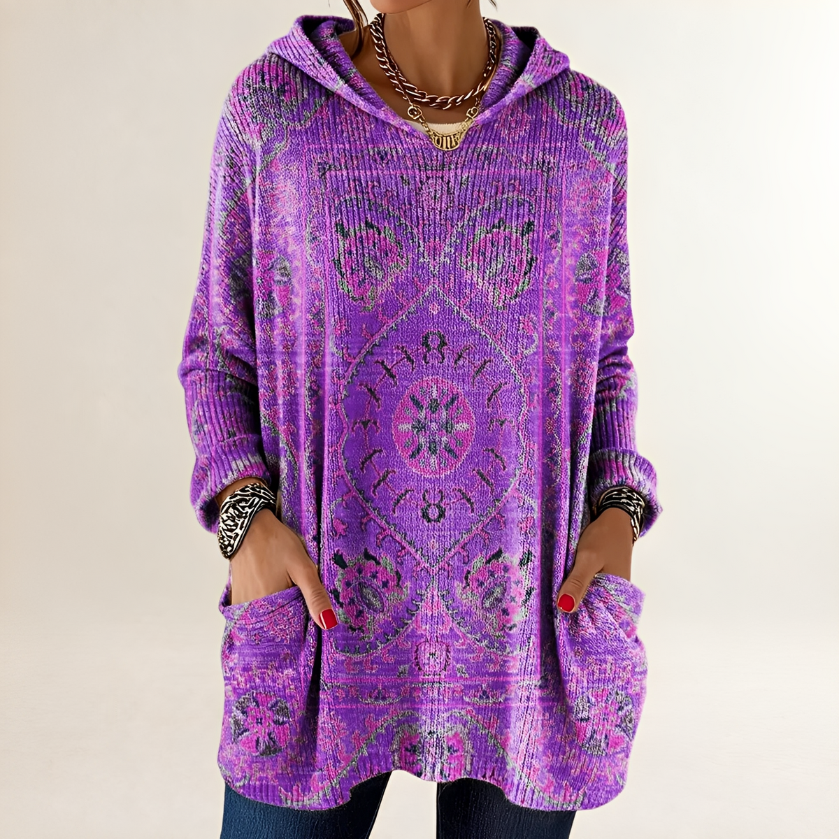 Damska bluza hoodie tunikowa z kieszeniami i nadrukiem etnicznym