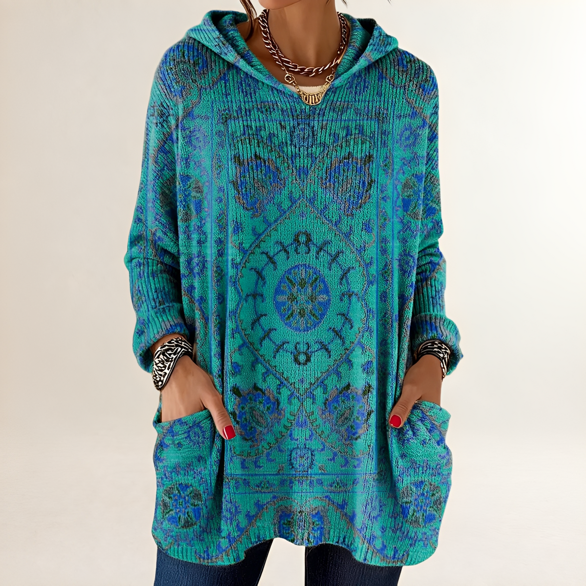 Damska bluza hoodie tunikowa z kieszeniami i nadrukiem etnicznym
