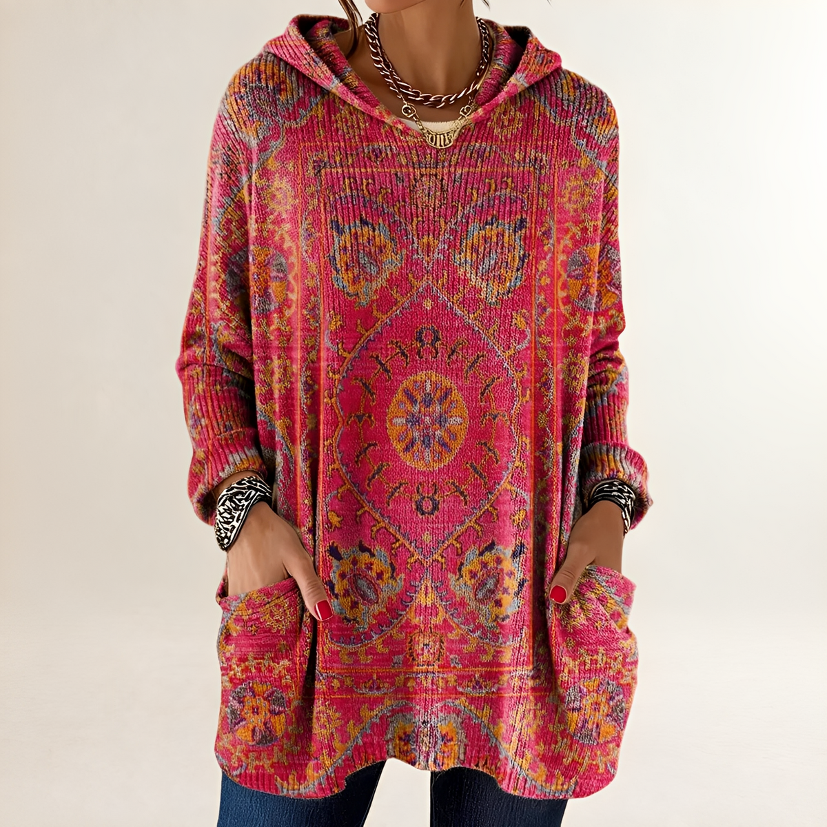 Damska bluza hoodie tunikowa z kieszeniami i nadrukiem etnicznym