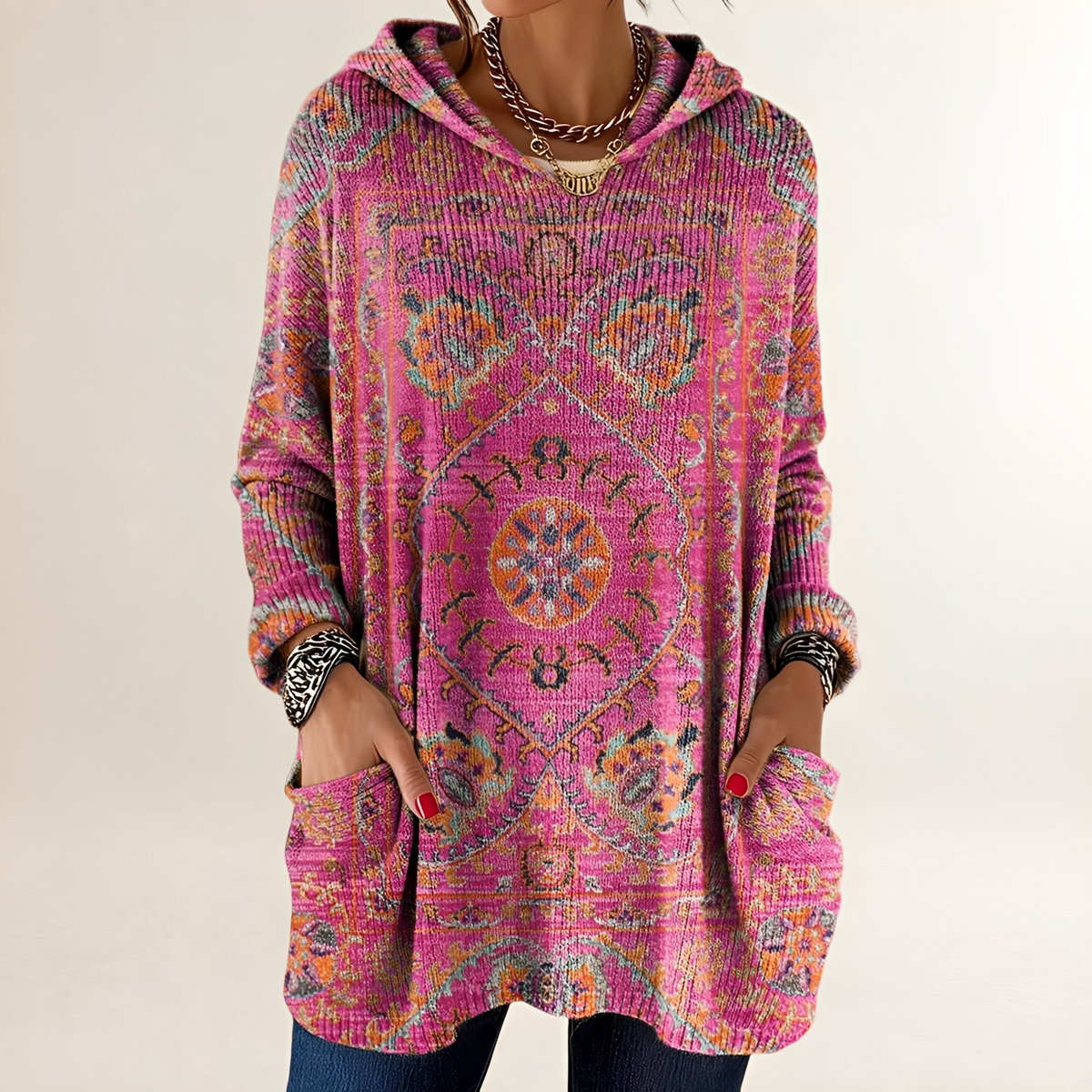 Damska bluza hoodie tunikowa z kieszeniami i nadrukiem etnicznym