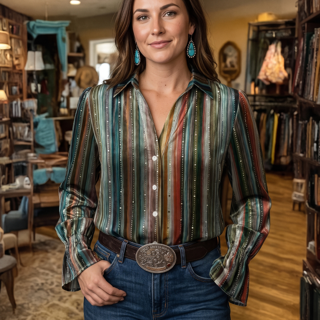 Damska bluzka koszulowa z kołnierzykiem - długie rękawy, zapinana na guziki, luźny krój, ombre