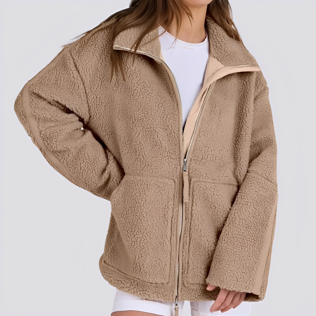 Damska kurtka teddy oversize z zamkiem i kieszeniami