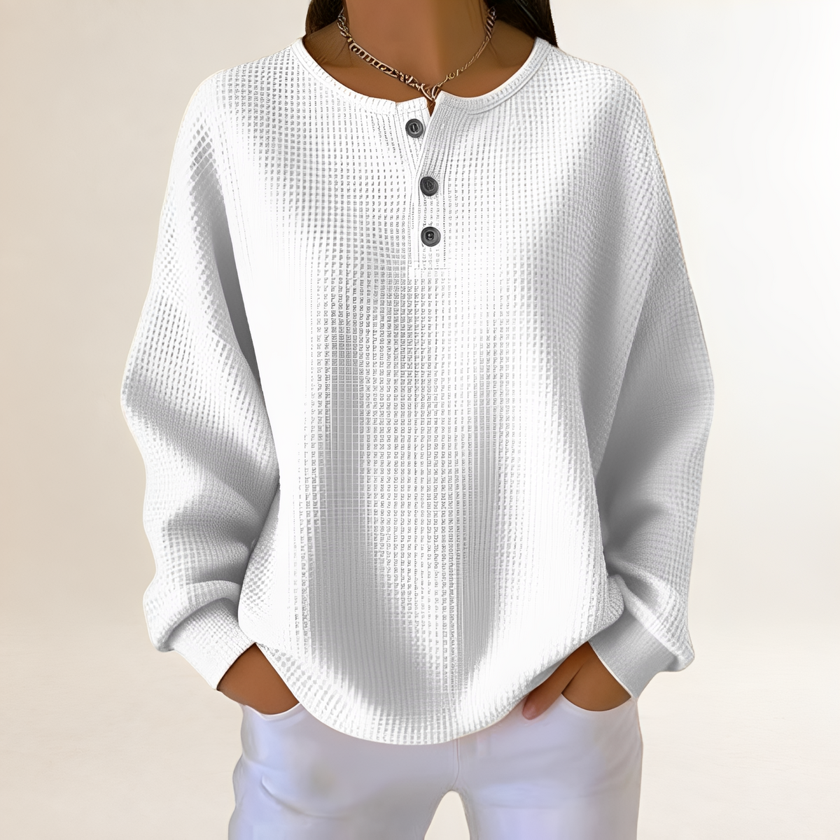 Damski sweter casual z relaxed fit i guzikami Henley - warkoczowa faktura