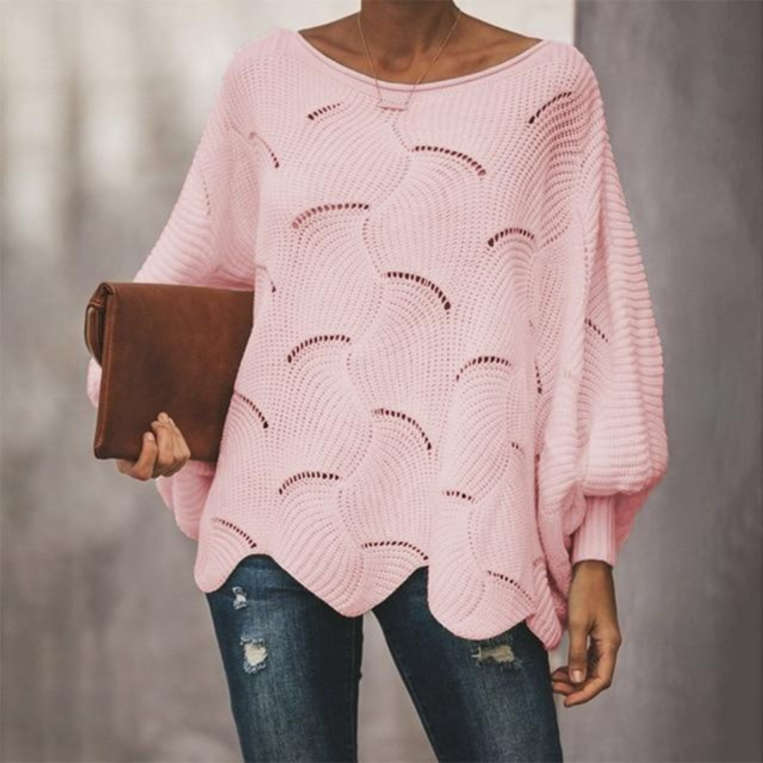 Damski sweter oversize z dekoltem w łódkę, balonowe rękawy, falisty brzeg, ściągane mankiety