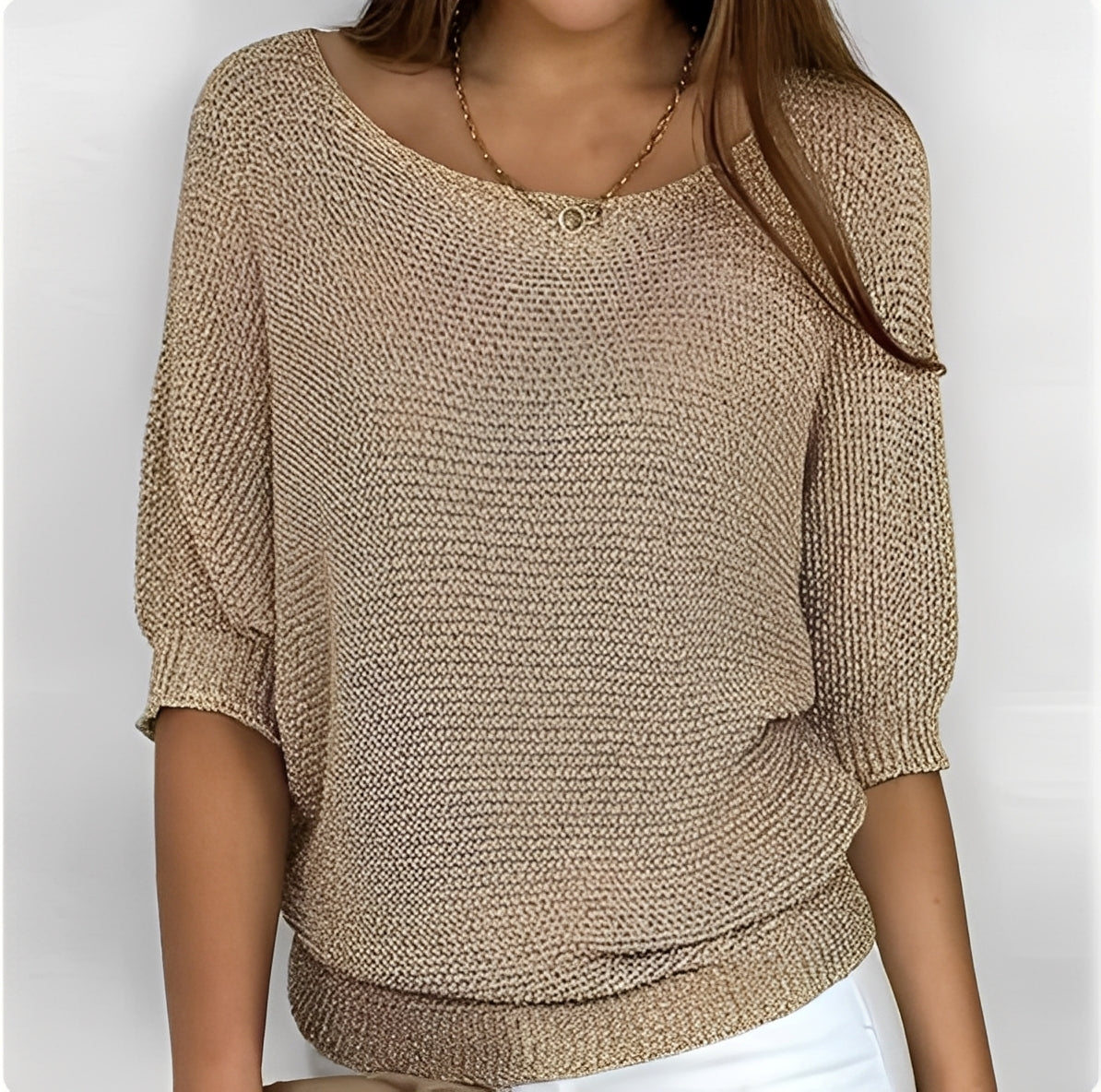 Damski sweter oversize z odkrytymi ramionami i 3/4 rękawami - luźny krój