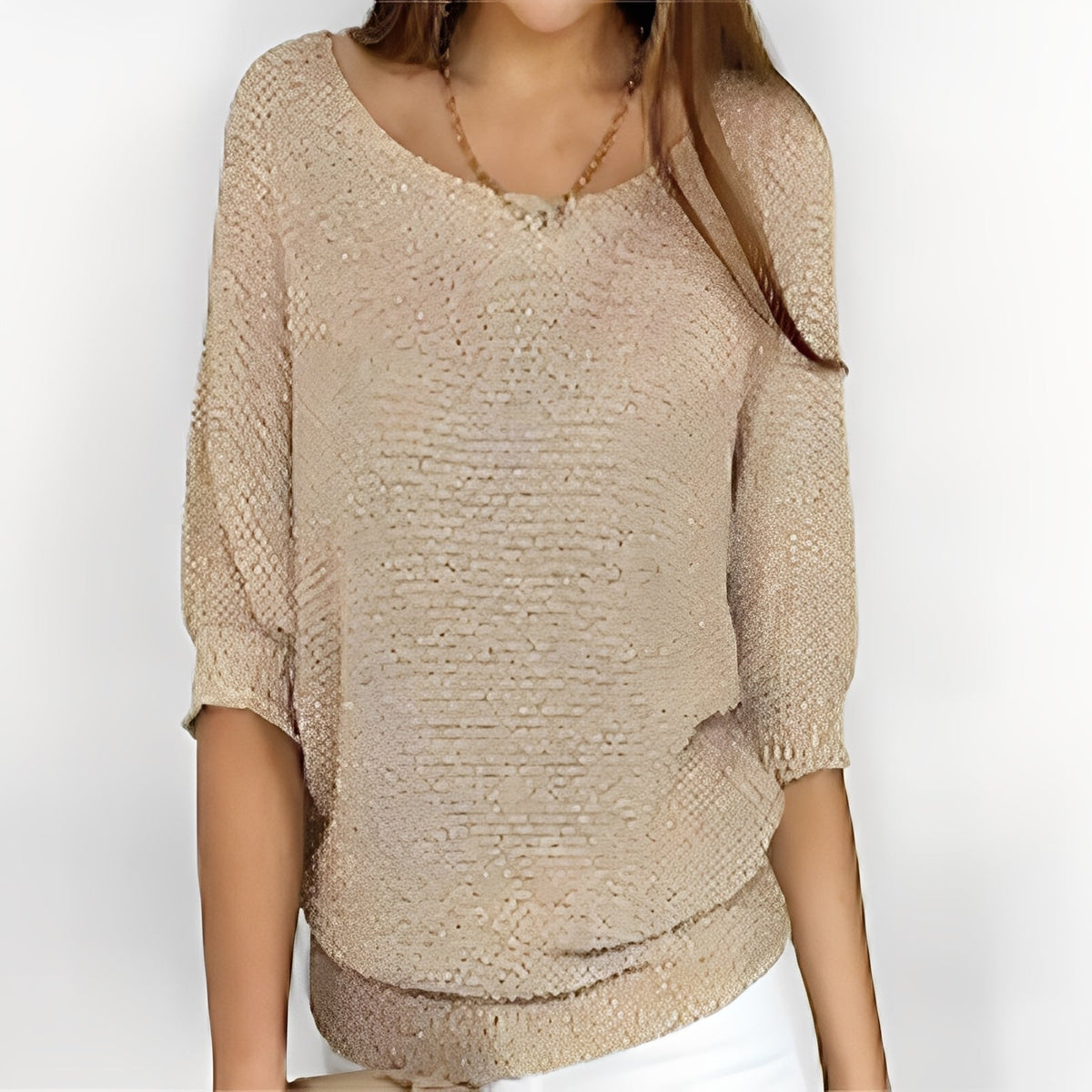 Damski sweter oversize z odkrytymi ramionami i 3/4 rękawami - luźny krój