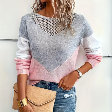 Damski sweter z kolorowym blokiem relaxed fit długi rękaw dekolt typu scoop