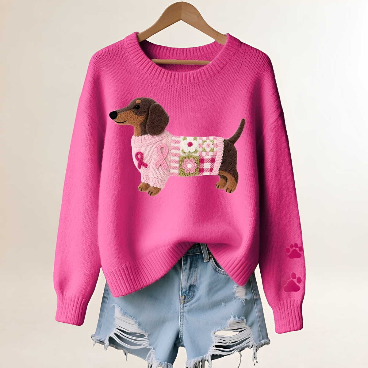 Damski sweter z motywem jamnika w patchworku dekolt V luźny krój