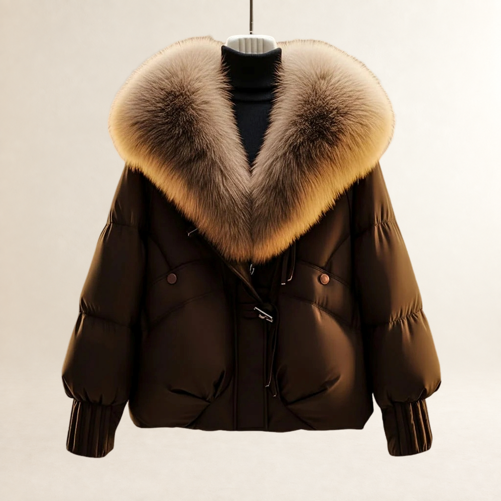 Kobieta Płaszcz puffer krótki z oversized kołnierzem i regulowanym pasem w talii