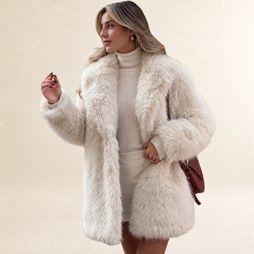 Kobieta Teddy coat długie, notched lapel, luźny krój, długość do połowy uda