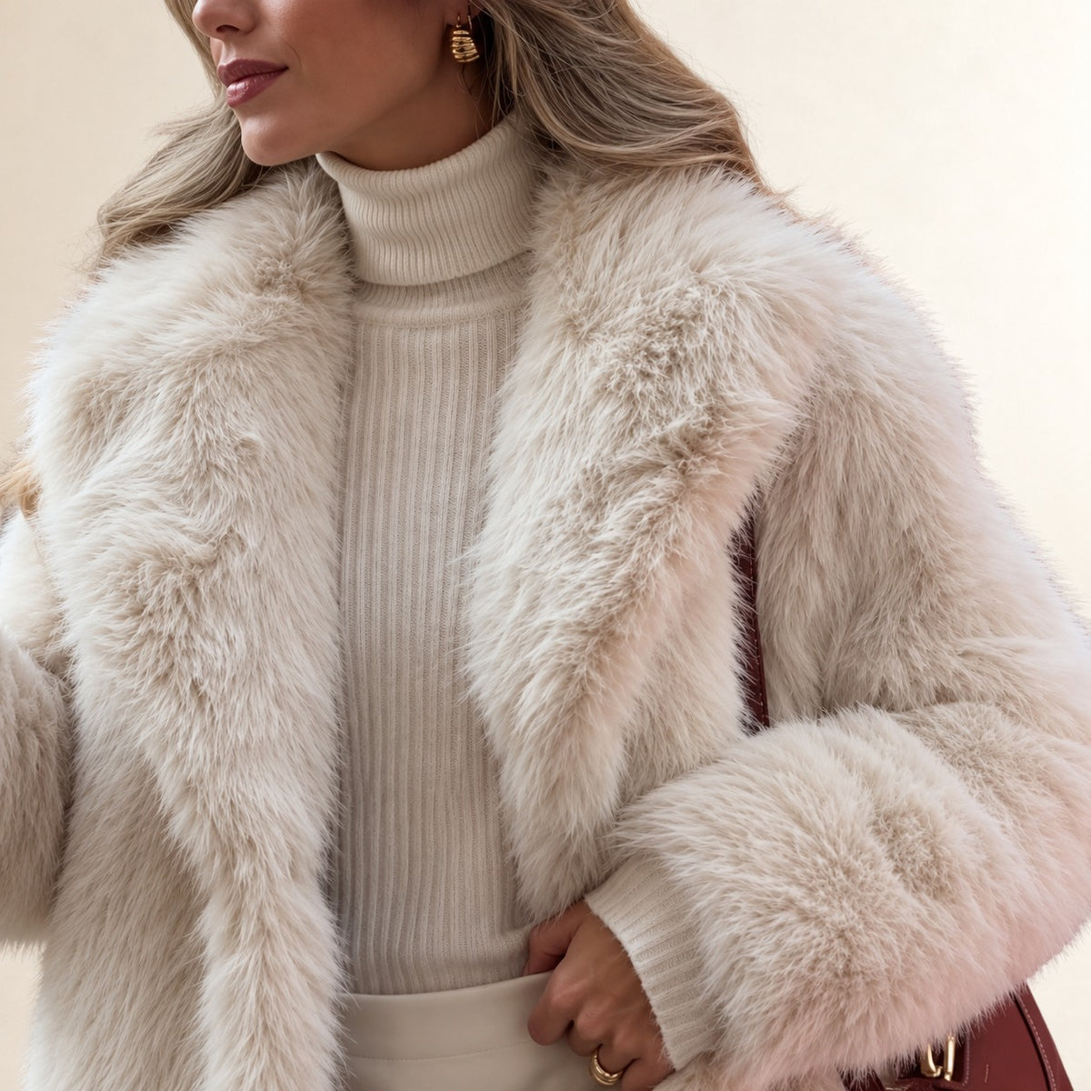 Kobieta Teddy coat długie, notched lapel, luźny krój, długość do połowy uda