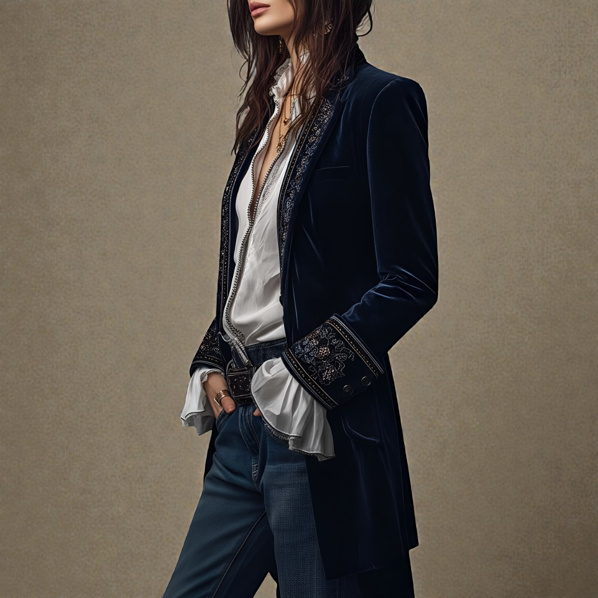 Kobiety Tailored Longline Jacket z haftowaną lamówką i szerokimi mankietami