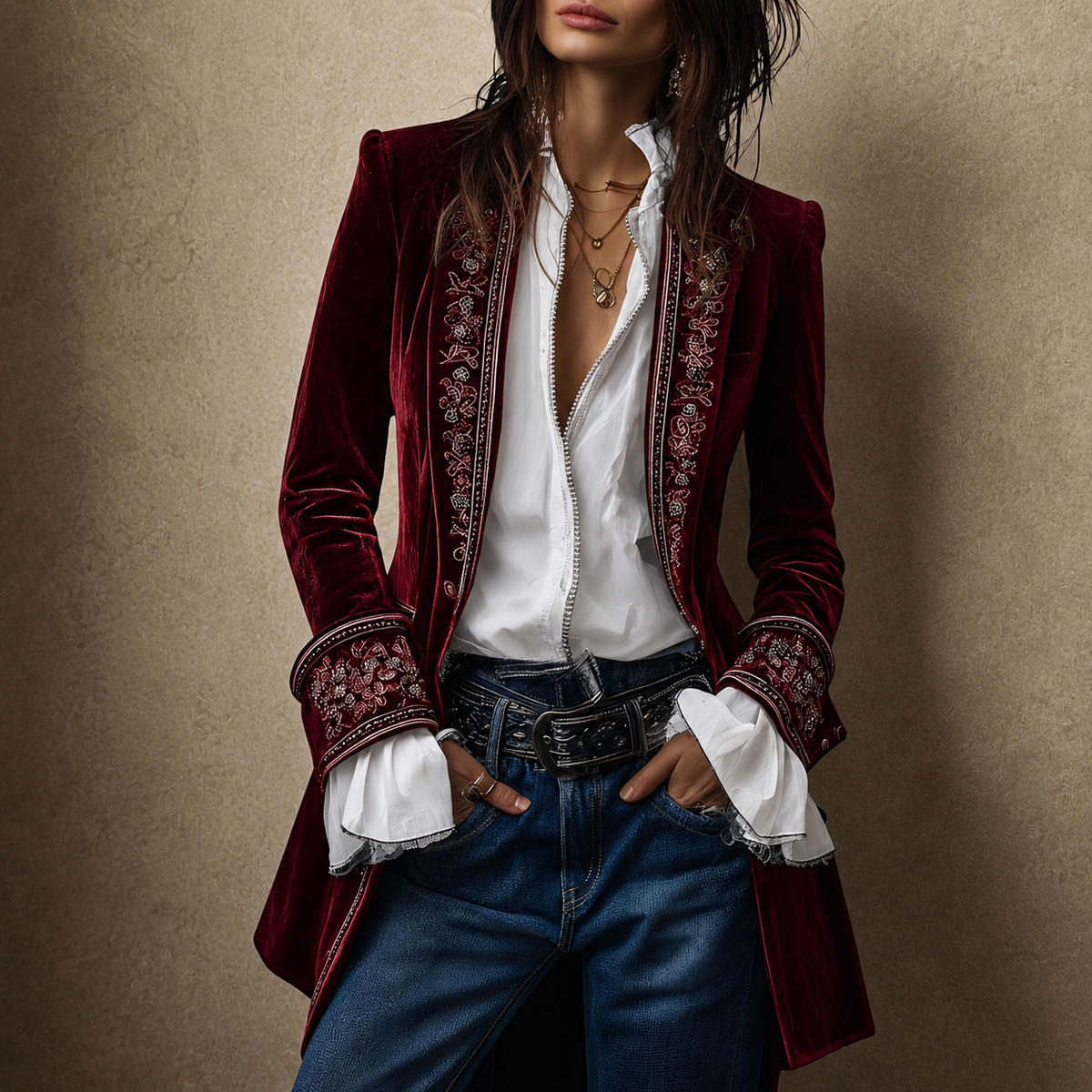 Kobiety Tailored Longline Jacket z haftowaną lamówką i szerokimi mankietami